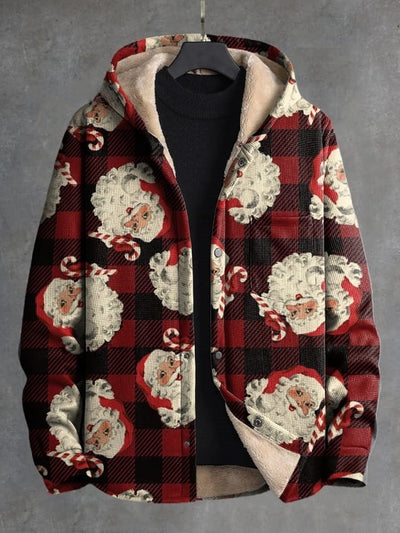 Christmas Red Checkered Santa Claus Print Waffle Plush Thick Long-Sleeved Hooded Coat