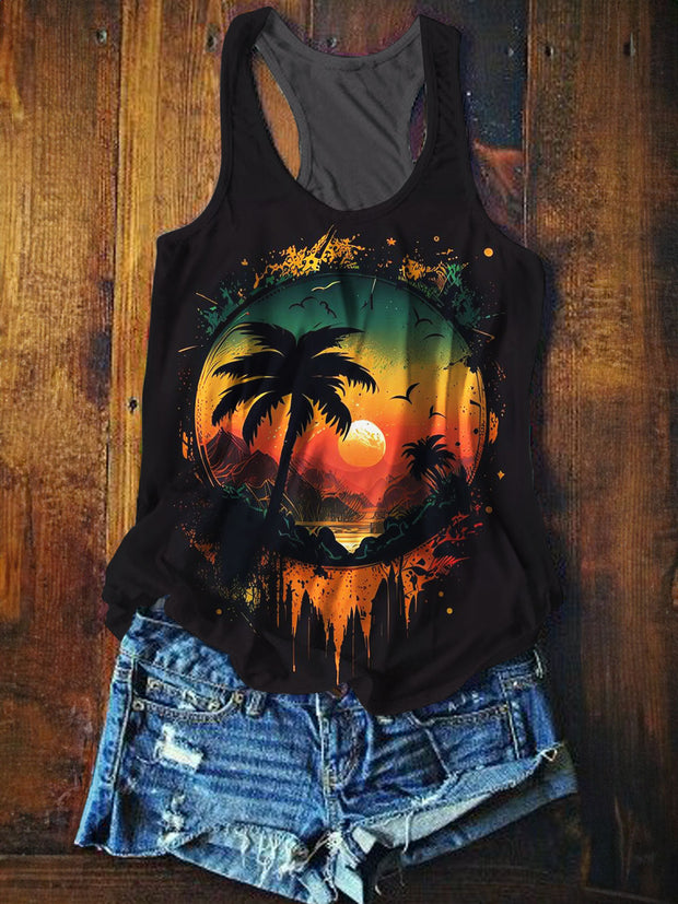 Coconut Tree Print Holiday Casual Tank Top