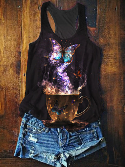 Coffee Cup Butterfly Print Casual Tank Top