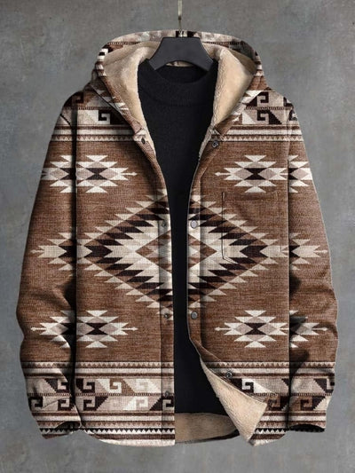 Color Ethnic Western Geometric Totem Print Waffle Plush Thick Long-Sleeved Hooded Coat