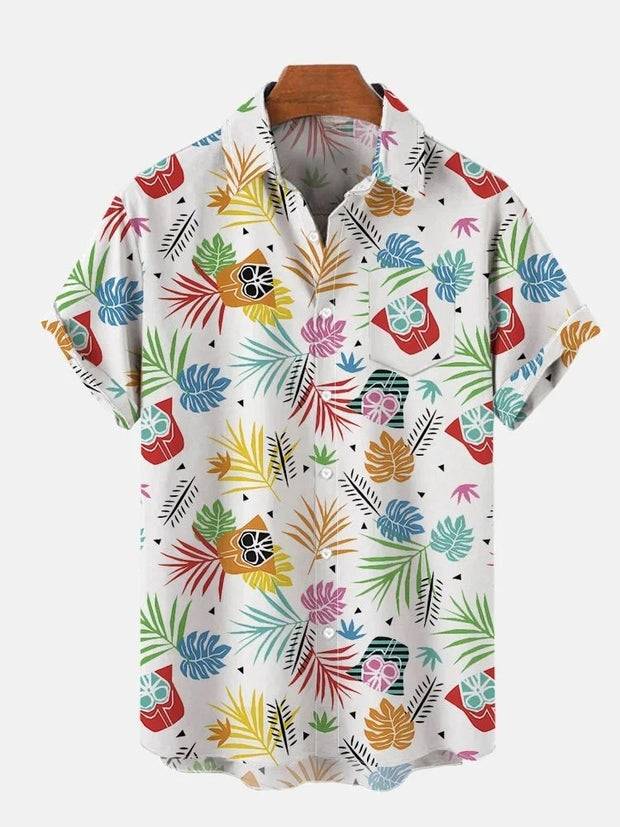 Colorful Leaves And Space Samurai Printing Breast Pocket Short Sleeve Shirt