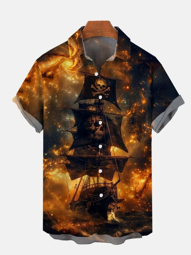 Fantasy Sailing Adventure Golden Ocean And Pirate Ship Printing Short Sleeve Shirt