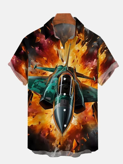 Fighter Breaks Through The Flaming Ruins Printing Breast Pocket Short Sleeve Shirt