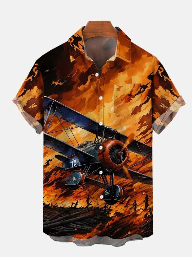 Fighter Escape From The Sea Of Fire Printing Breast Pocket Short Sleeve Shirt