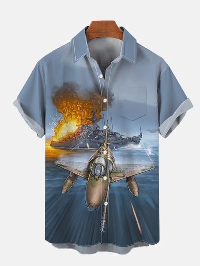 Fighter Planes And Burning Aircraft Carrier Printing Breast Pocket Short Sleeve Shirt