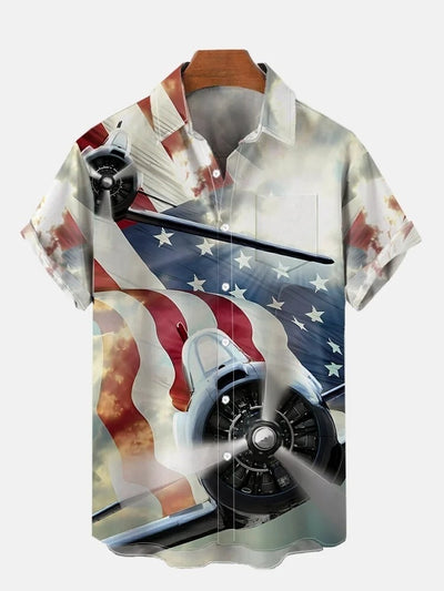 Fighter Series Flags And Fighter Patterns Printing Breast Pocket Short Sleeve Shirt