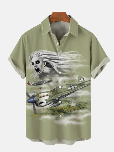 Grey-Green Bomber Fighter And Witch Printing Short Sleeve Shirt