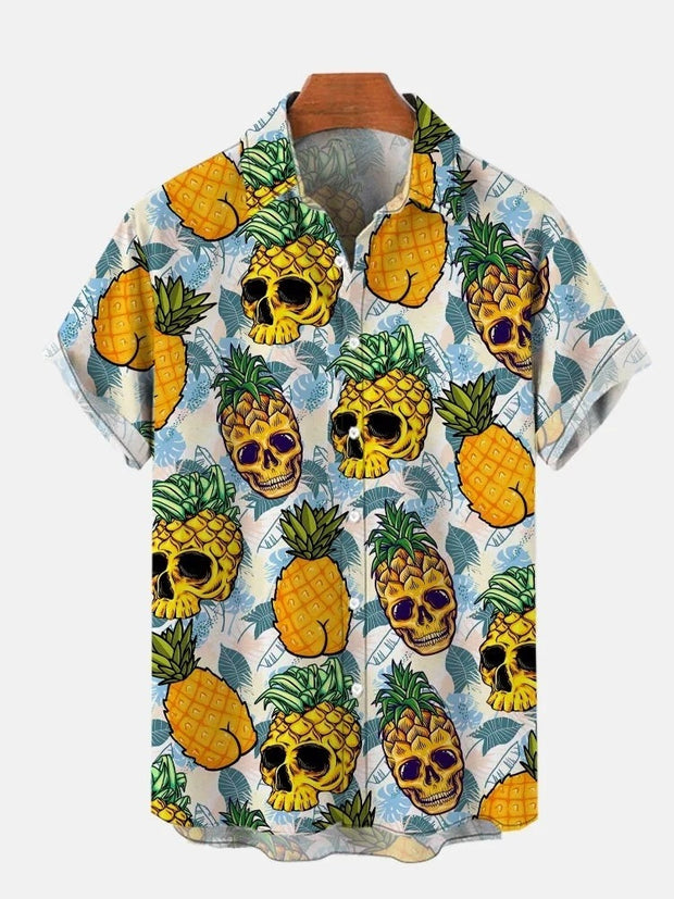 Halloween Beach Skull Pineapple Funky Hawaiian Short Sleeve Shirt