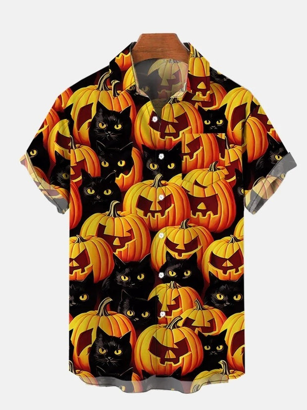 Halloween Black Cat Pumpkin Scary Printing Breast Pocket Short Sleeve Shirt