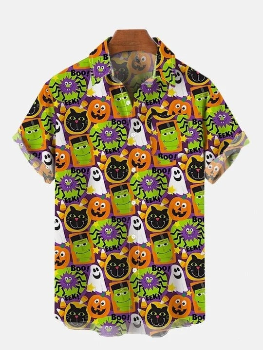 Halloween Classic Horror Characters And Black Cat Printing Breast Pocket Short Sleeve Shirt