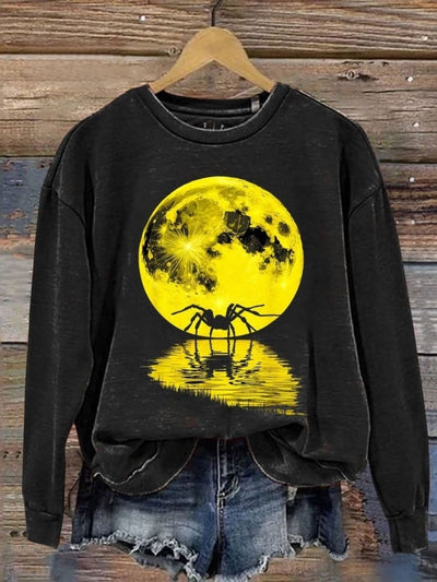 Halloween Spider Full Moon Spooky Print Casual Long Sleeve Sweatshirt(1)