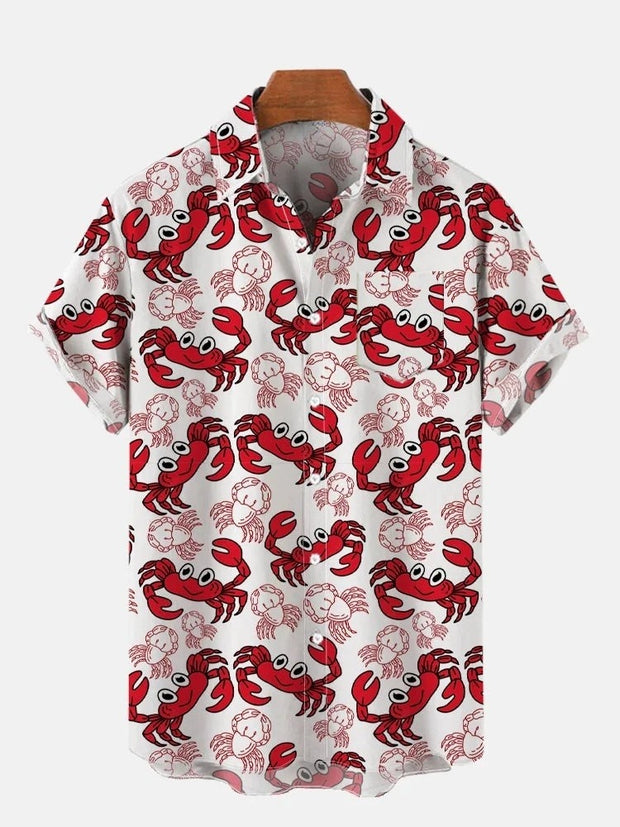 Hand-Painted Sea Life Crab Printing Breast Pocket Short Sleeve Shirt