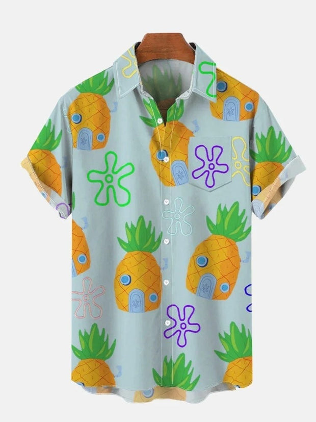 Hawaii Cartoon Pineapple House And Starfish Pattern Printing Breast Pocket Short Sleeve Shirt