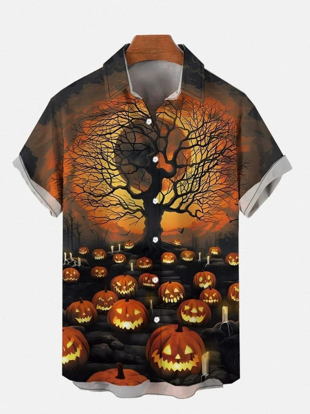 Hawaii Halloween Moonlight Pumpkin Printing Short Sleeve Shirt