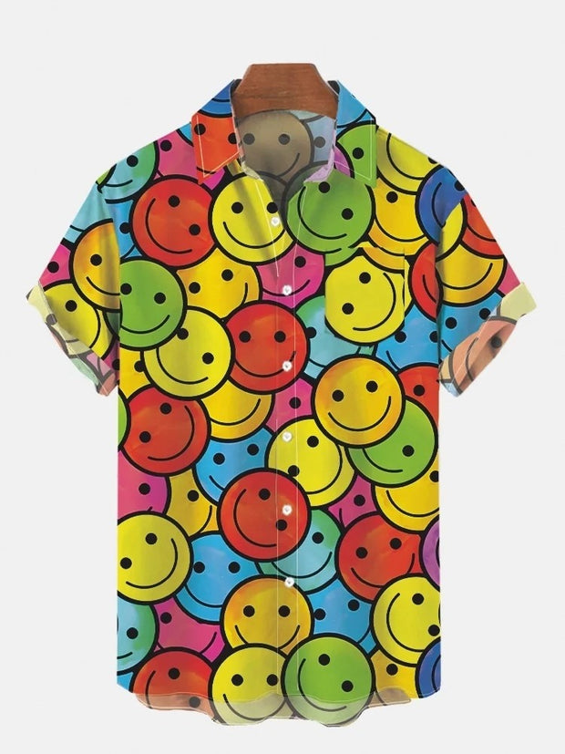 Hawaiian Cartoon Rainbow Smiley Faces Printing Breast Pocket Short Sleeve Shirt