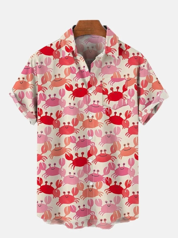 Hawaiian Colorful Crabs Pattern Printing Breast Pocket Short Sleeve Shirt