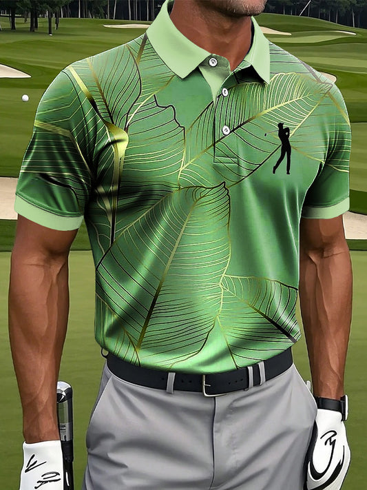 Men's Retro Abstract Leaf Texture Art Print Casual Business Polo Shirt