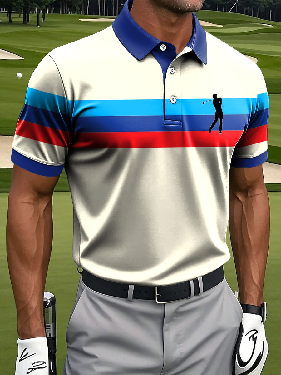 Men's Classic Color Stripe Art Print Casual Business Polo Shirt