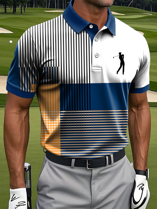 Men's Classic Stripe Patchwork Art Print Casual Business Polo Shirt