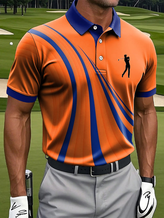 Men's Retro Abstract Line Check Art Print Casual Business Polo Shirt