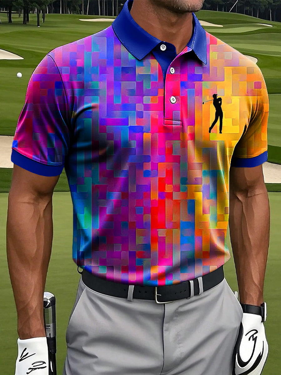 Men's Retro Rainbow Geometric Oil Painting Art Print Casual Business Polo Shirt
