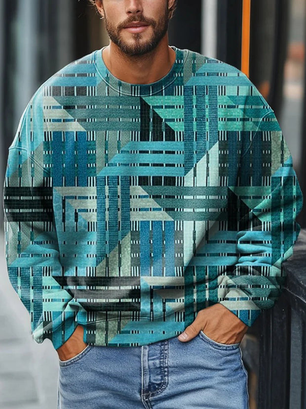 Men's Retro Blue Diagonal Stripe Layered Texture Stacked Print Casual Sweatshirt