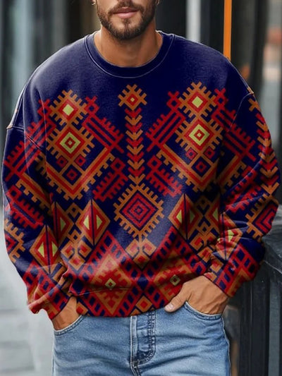 Men's Retro Pixel Check Tribal Pattern Printed Casual Sweatshirt