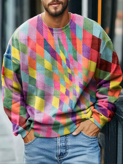 Men's Retro Plaid Colorful Curved Print Casual Sweatshirt