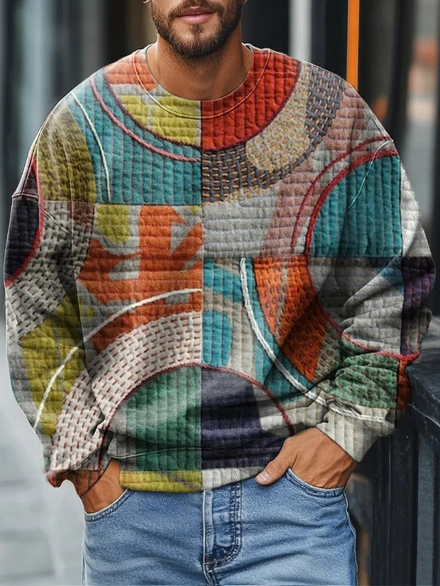 Men's Retro Seamed Circular Color Block Stitching Textured Printed Casual Sweatshirt