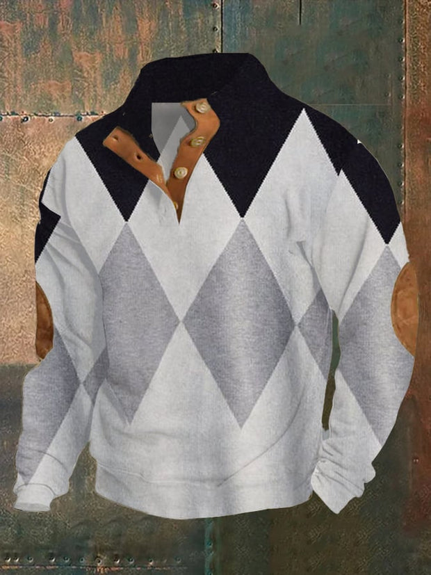 Men's Western Color Block Art Print Stand Collar Button Sweatshirt