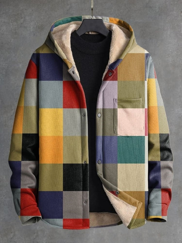 Multicolor Block Stitching Art Print Waffle Plush Thick Long-Sleeved Hooded Coat