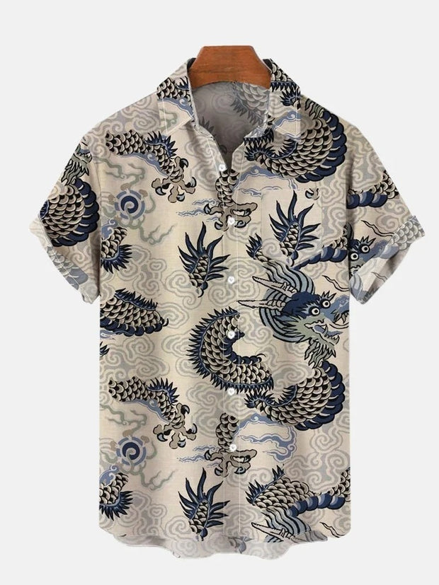 Mysterious Oriental Cartoon Auspicious Dragon In Auspicious Clouds Printing Short Sleeve Shirt