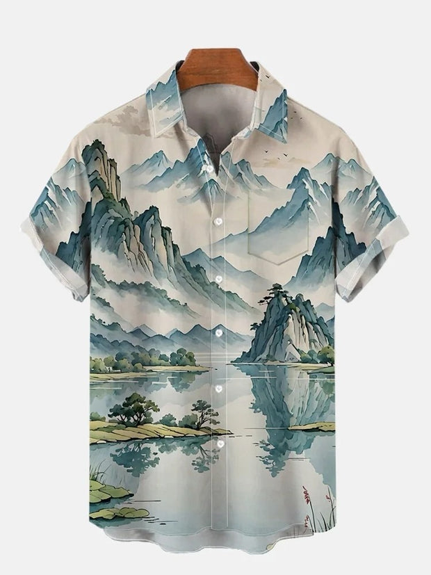 Mountains And Lakes Printing Breast Pocket Short Sleeve Shirt