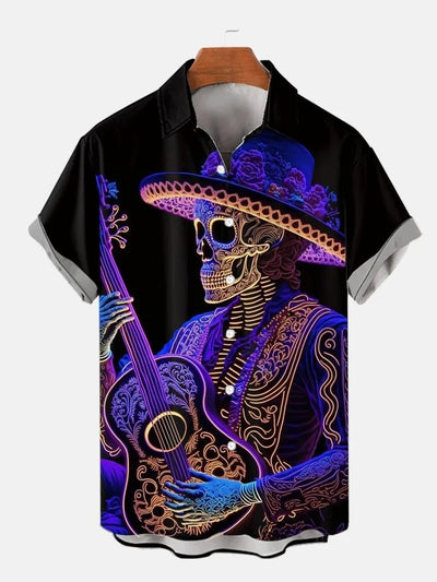 Neon Art Cinco de Mayo Mexican Skull Musician Printing Short Sleeve Shirt