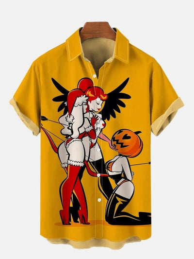 Orange Halloween Cartoon Bondage Girl And Devil Angel Printing Short Sleeve Shirt