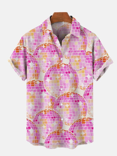 Pink Retro 70S Disco Balls Pattern Printing Breast Pocket Short Sleeve Shirt