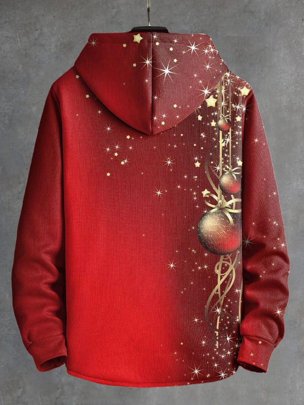 Red Merry Christmas Christmas Art Retro Print Waffle Plush Thick Long-Sleeved Hooded Coat