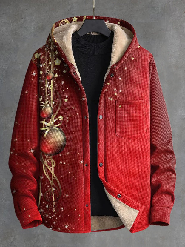 Red Merry Christmas Christmas Art Retro Print Waffle Plush Thick Long-Sleeved Hooded Coat