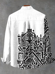 Retro Ethnic White And Black Architectural Graphic Print Long Sleeve Shirt