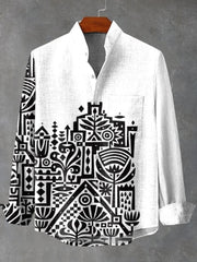 Retro Ethnic White And Black Architectural Graphic Print Long Sleeve Shirt