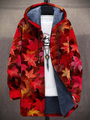 Retro Maple Leaf Autumn Art Print Unisex Plush Thick Long-Sleeved Sweater Cardigan Coat