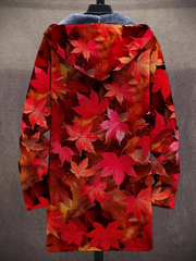 Retro Maple Leaf Autumn Art Print Unisex Plush Thick Long-Sleeved Sweater Cardigan Coat