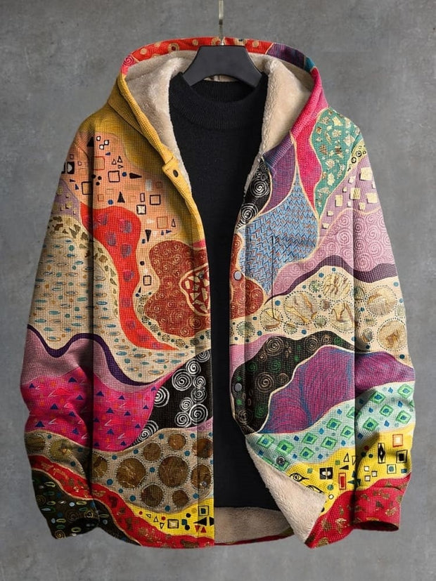 Retro Multicolor Art Print Waffle Plush Thick Long-Sleeved Hooded Coat