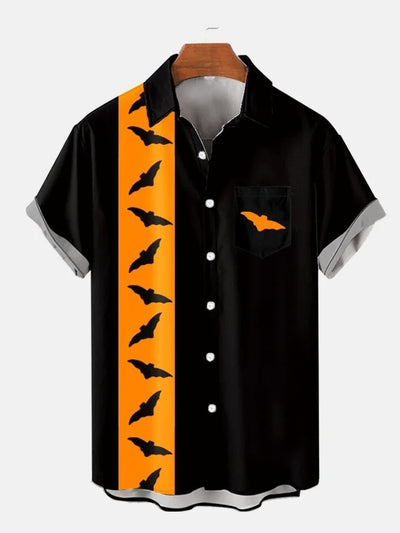 Retro Orange And Black Stripe And Bats Printing Breast Pocket Short Sleeve Shirt