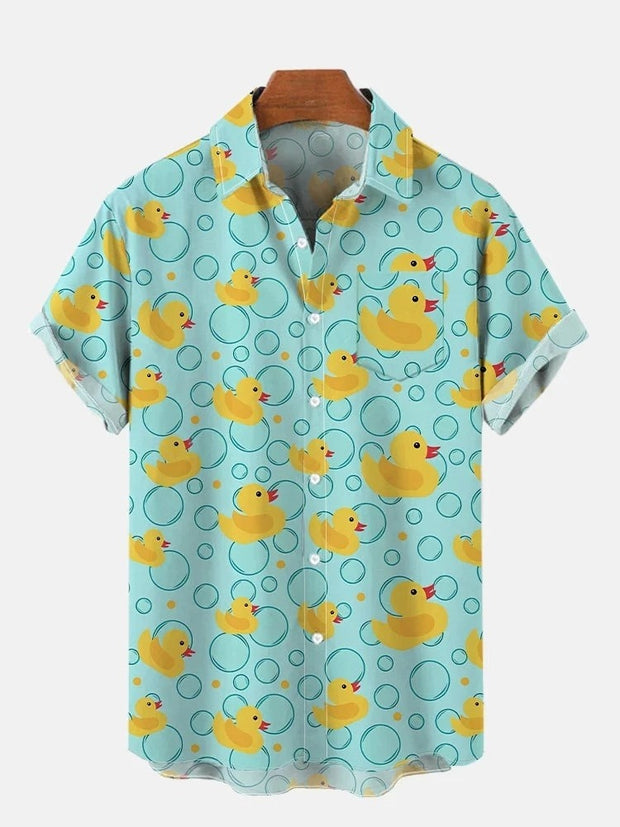 Rubber Duck And Bubbles Printing Breast Pocket Short Sleeve Shirt