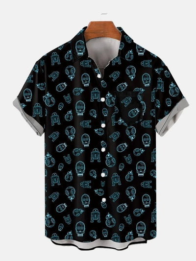 Sci-Fi Neon Cartoon Space Robots Pattern Printing Breast Pocket Short Sleeve Shirt