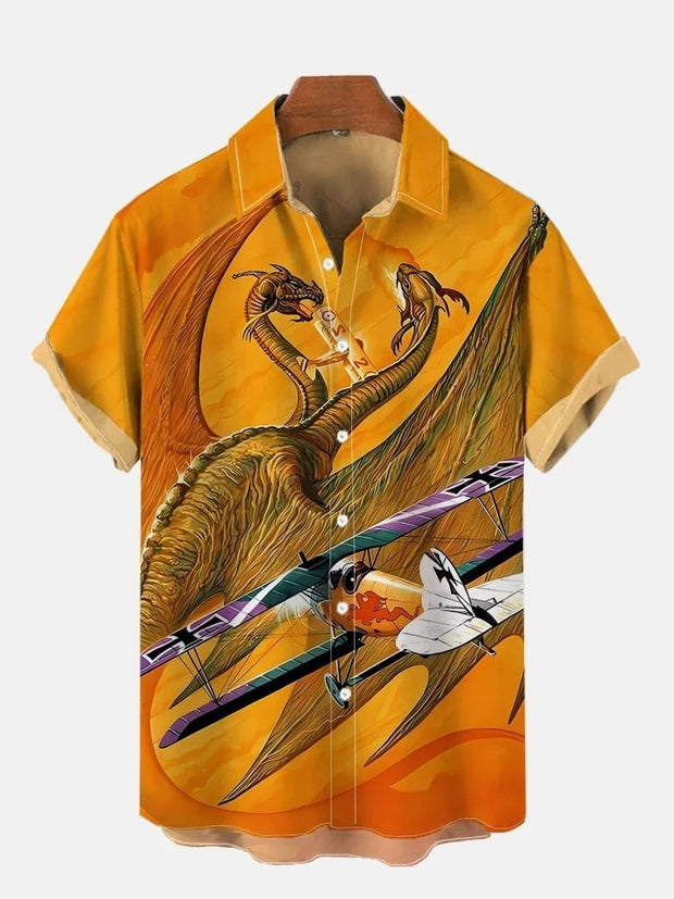 Sci-Fi Retro Fighters And Two-Headed Dragon Monsters Printing Short Sleeve Shirt