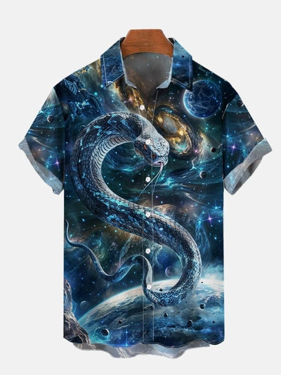 Sci-Fi Space Galaxy Blue Scale Snake Printing Short Sleeve Shirt