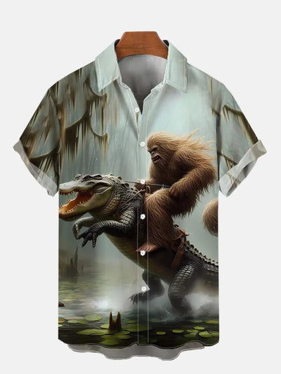 Sci-fi Monster Battle Ape Rides Crocodile Printing Short Sleeve Shirt