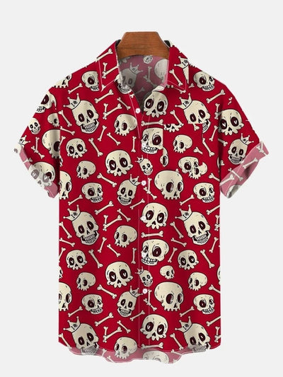 Skull And Bones Pattern Printing Breast Pocket Short Sleeve Shirt